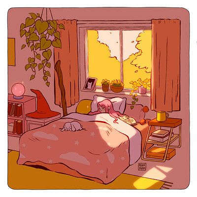 a drawing of a bedroom with a cat on the bed and plants in the window