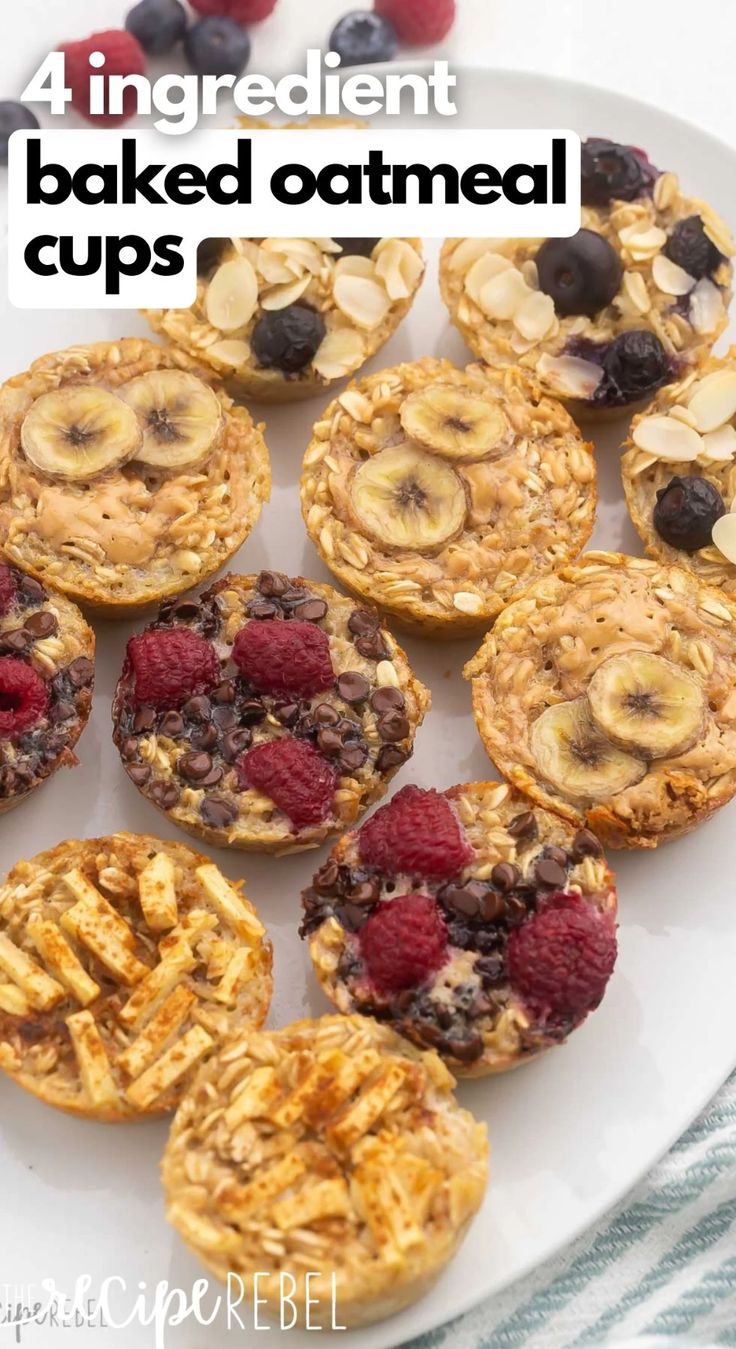 an image of baked oatmeal cups on a plate with raspberries and bananas