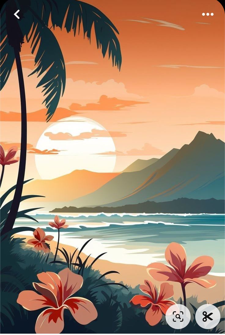 an image of a tropical sunset with flowers and palm trees in the foreground, on a cell phone screen