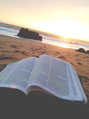 an open book sitting on top of a sandy beach next to the ocean at sunset