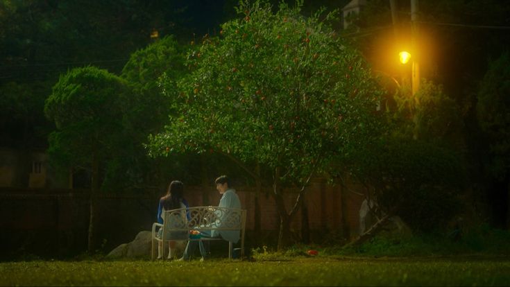 two people sitting on a bench at night in the park, one is touching the other's hand