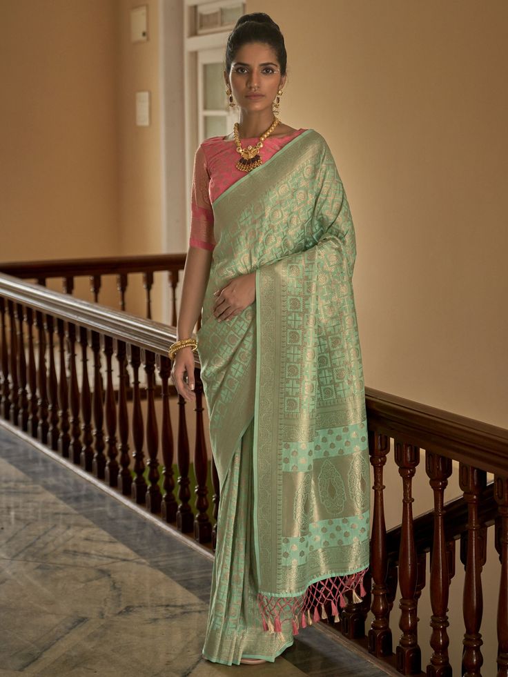 Experience the epitome of elegance with our exquisite pista green silk saree, adorned with intricate weaving work. This stunning saree, measuring 5.50 meters, is a perfect blend of tradition and modernity, making it an ideal choice for any festive occasion, event, or celebration. The rich pista green hue symbolizes freshness and tranquility, offering a serene yet vibrant appearance that stands out beautifully.
Complementing the saree is a gorgeous pink silk blouse material, also featuring delica Pista Green Saree, Saree Ready To Wear, Saree Pallu, Bollywood Glamour, Pista Green, Blouse Details, Purple Saree, Orange Saree, Ethnic Sarees