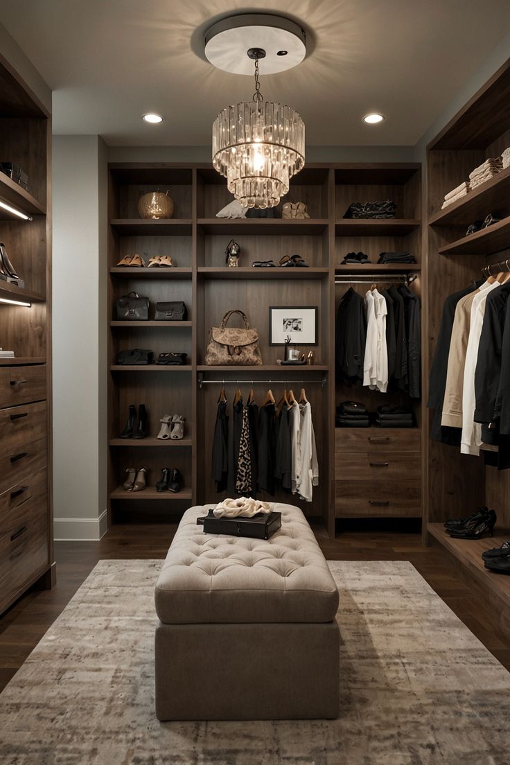 a walk - in closet with a bench, chandelier and shoes on the floor