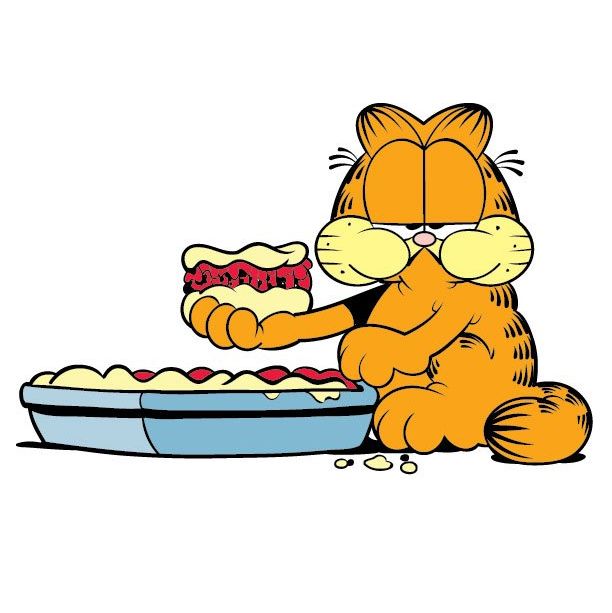 garfield the cat eating out of a bowl with a hot dog in it's mouth