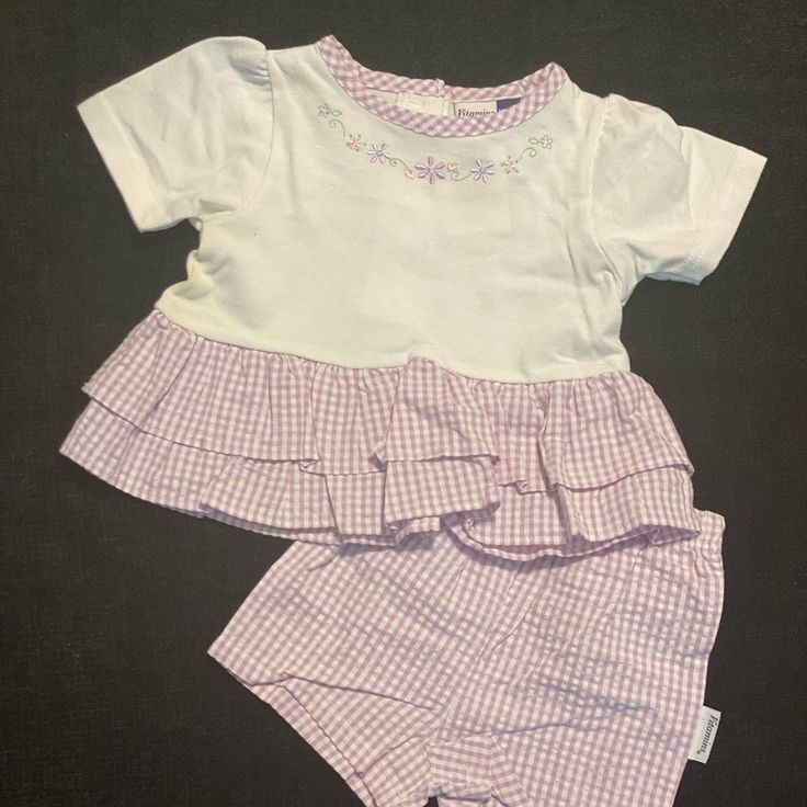 Lilac Gingham Embroidery At Neck Short Sleeve Ruffles At Bottom Of Top Elastic Waist Shorts Size: 12 Months K1 Casual Cotton Gingham Sets, Casual Gingham Cotton Sets, Summer Gingham Sets For Playtime, Summer Gingham Playtime Set, Spring Gingham Sets With Ruffles, Casual Gingham Sets For Spring, Casual Spring Gingham Sets, Plaid Cotton Playtime Set, Cute Plaid Playtime Sets