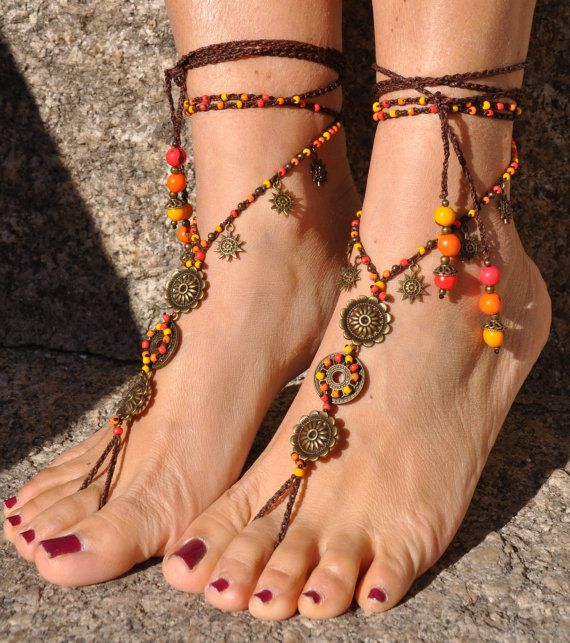 SUN MANDALA barefoot SANDALS orange foot jewelry hippie Yoga Wedding, Beaded Slippers, Brass Flowers, Hippie Sandals, Sun Mandala, Ivory Necklace, Tights And Heels, Jewelry Hippie, Tree Of Life Jewelry