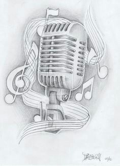 a pencil drawing of a microphone with music notes around it and a treble on the side