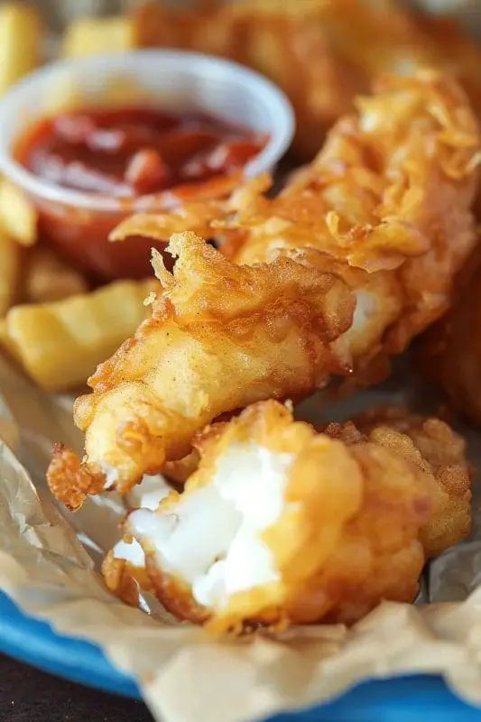 fried fish and fries with ketchup on the side