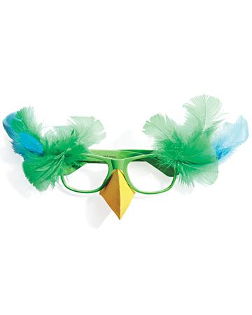 a pair of green glasses with blue and yellow feathers on the top of each one