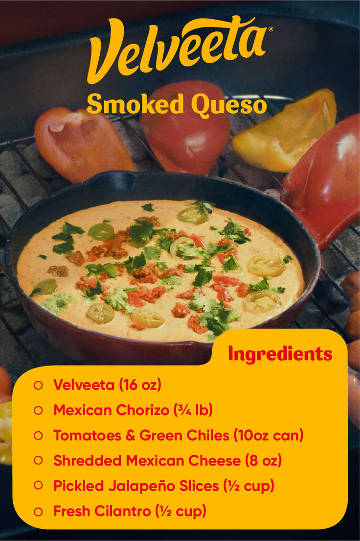 an advertisement for a mexican restaurant called velveeta smoked queso