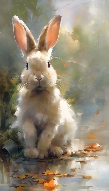 a painting of a white rabbit sitting on top of a wet ground next to leaves