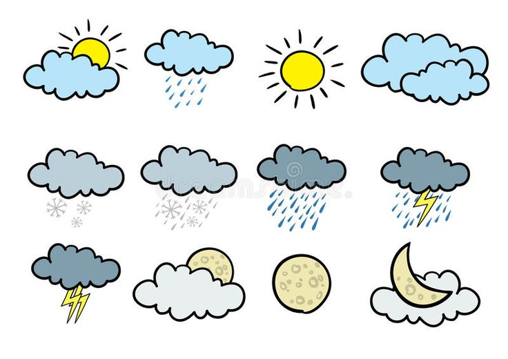 the weather icons are drawn in different styles and colors, including clouds, sun, and moon