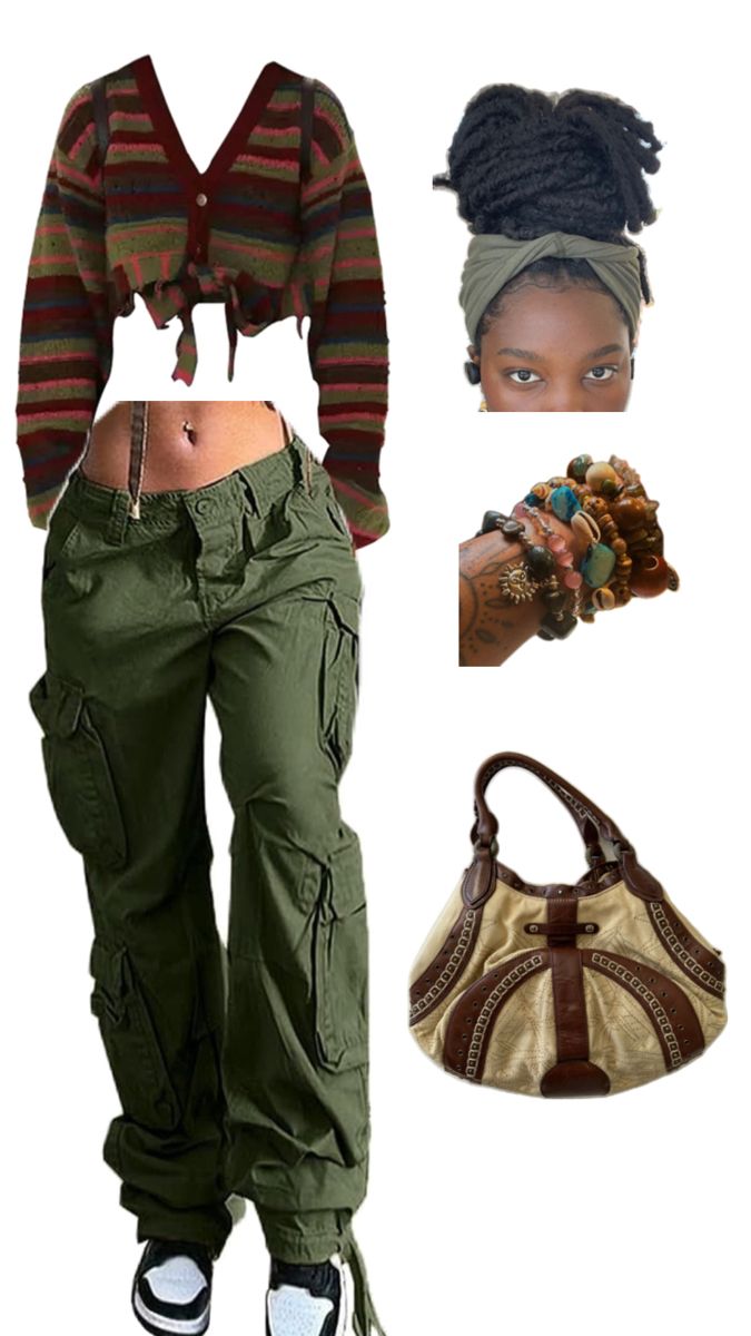 Cropped cardigan with green parachute pants and black Jordan’s with a cole hann tote bag. Earthy Cardigan Outfit, Earthy Baddie Aesthetic, Earth Girl Aesthetic Outfits, Earthy Streetwear, Plant Mom Aesthetic Outfit, Green Crop Top Outfit, Earthy Aesthetic Outfits, Earthy Aesthetic Fashion, Indie Aesthetic Fashion