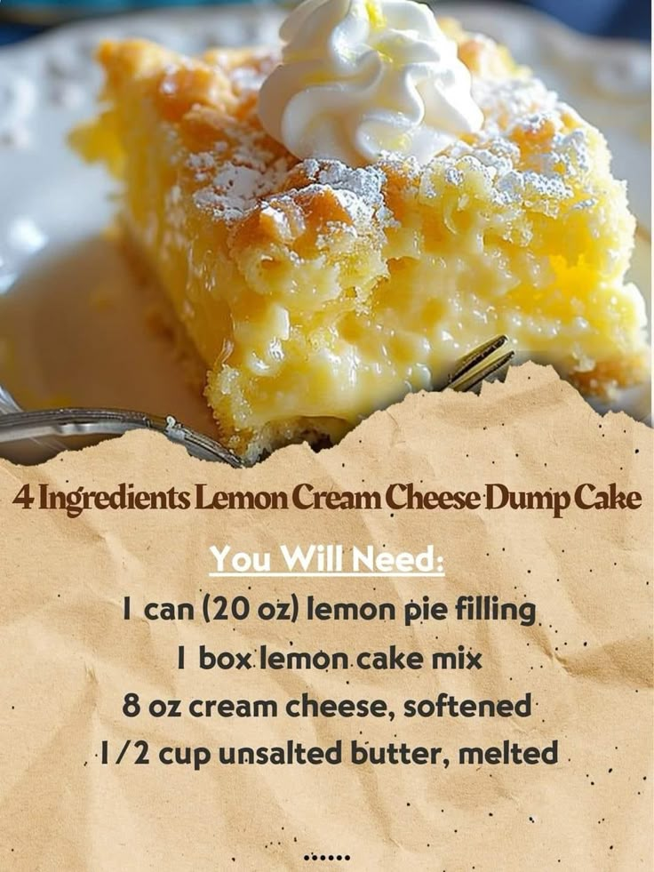 a piece of lemon cream cheese dump cake on a white plate with the recipe below it