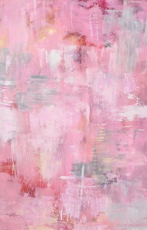 an abstract painting in pink and white with lots of paint strokes on it's surface