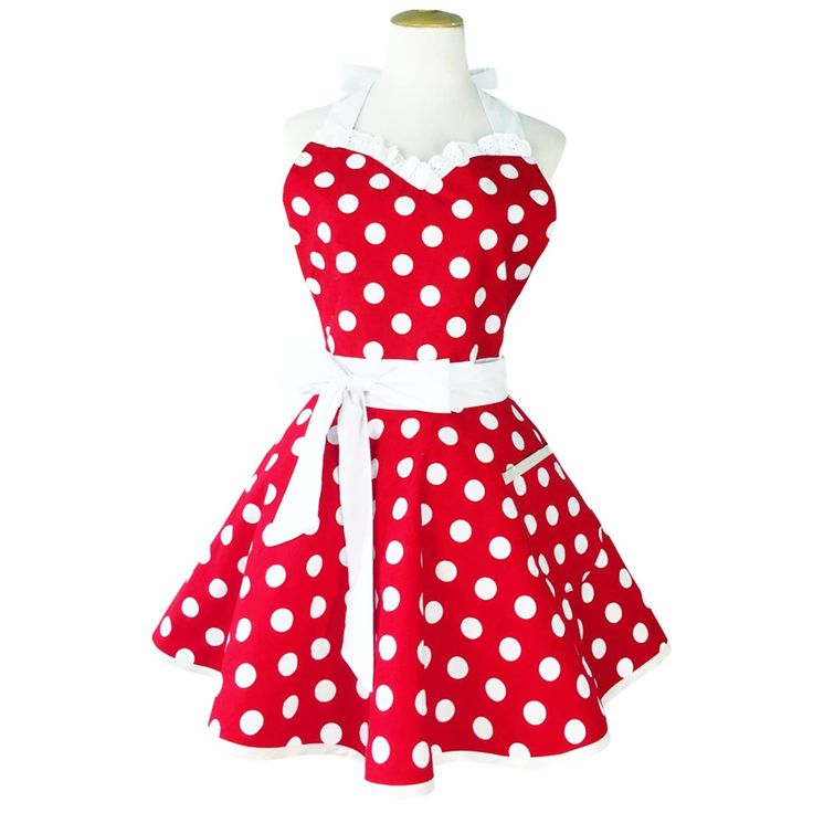 a red and white polka dot dress on a mannequin neckline with a bow at the waist