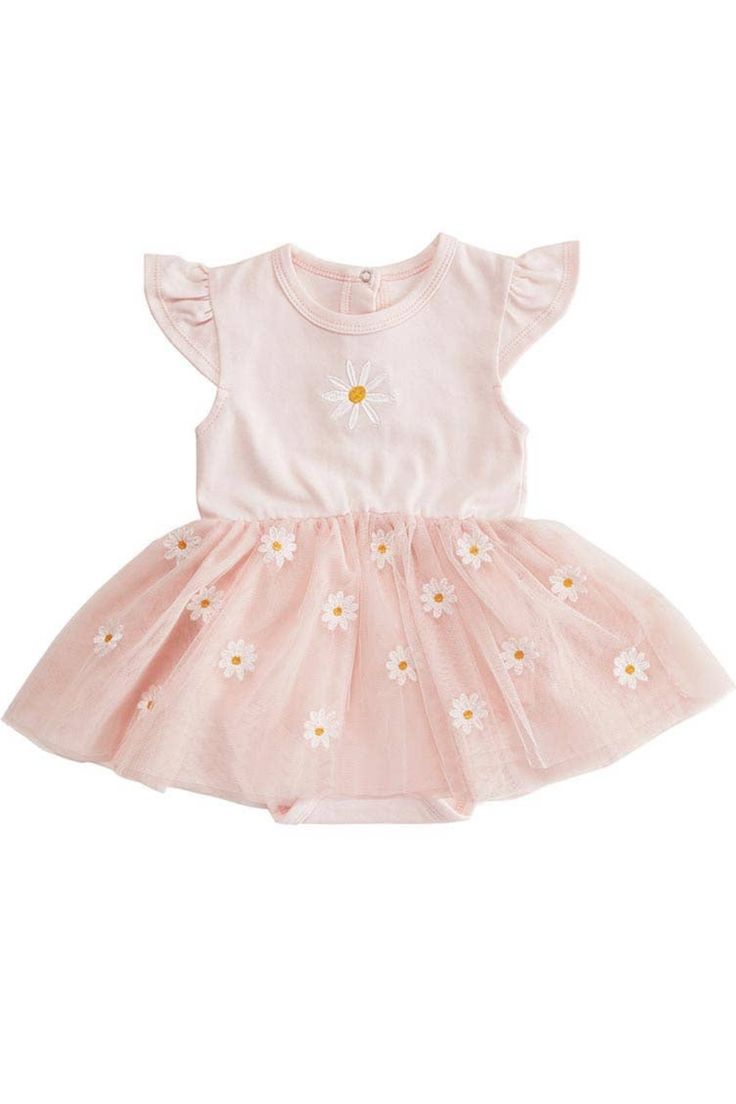 Dress your little one in this delightful pink daisy tutu dress featuring embroidered detail and a soft, twirl-worthy tutu skirt. Your baby will blossom with style and comfort in this adorable outfit. • Features embroidered daisies on layered tulle skirt • Easy-care soft cotton spandex blend fabric with ruffle sleeves • Convenient snap closures for easy diaper changes • Perfect dress for a daisy themed birthday party or smash cake photoshoot • Material: 95% Cotton, 5% Spandex, Tulle • Size: 6-12 Playful Tulle Tutu Dress For Summer, Pink Ruffled Tutu Dress For Spring, Spring Tutu Dress With Ruffles For Garden Party, Whimsical Pink Tutu Dress For Summer, Spring Garden Party Tutu Dress With Ruffles, Pink Ruffle Twirl Dress For Spring, Cute Spring Twirl Dress With Ruffles, Summer Short Sleeve Tulle Tutu Dress, Pink Tulle Tutu Dress For Spring