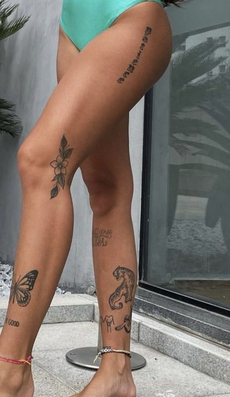 Legs Women Tattoo, Woman’s Shin Tattoo, Script Leg Tattoos Women, Leg Dragon Tattoos Women, Leg Number Tattoo, Half Knee Tattoo, Thighs Tattoo Women, Dainty Leg Sleeve, Behind The Knee Tattoo Women