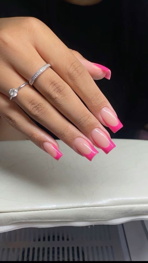 Acrylic Nail Designs Pink French Tips, French Tips Acrylic Pink, French Tip 1.5, French Nail Pink Tips, Pink And Pink French Nails, Pink French Tip Nails Medium Length, Pink With French Tip Nails, Light Pink Nails With Dark Pink Tips, Bright Pink French Tip Nails Square