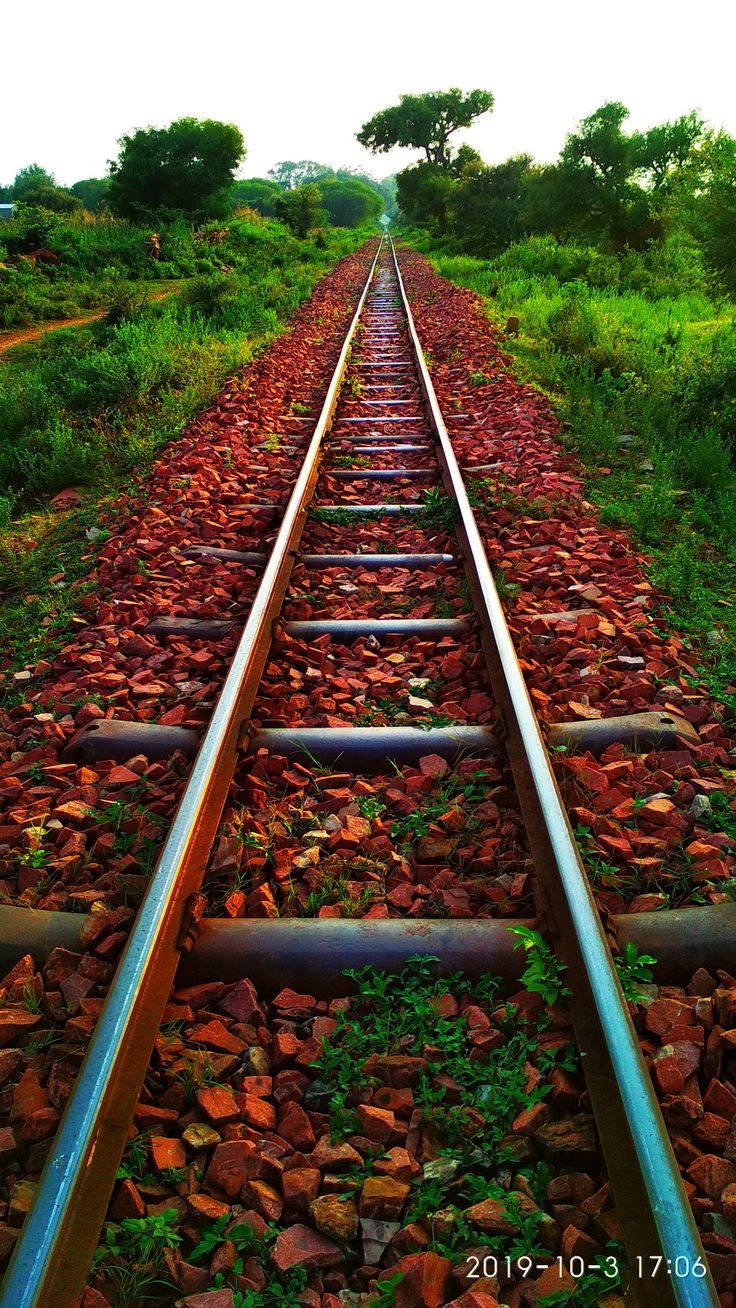 the train tracks are lined with red rocks and green plants on either side of them