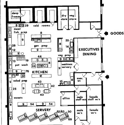 the floor plan for an office building with two floors and several rooms, including one kitchen