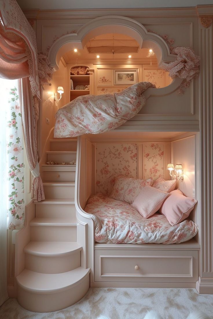 there is a bunk bed in the room with stairs to the second floor and pink pillows on it