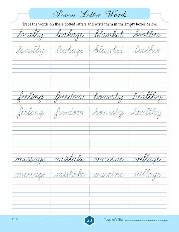 handwriting worksheet with cursive writing in blue and white, including the words