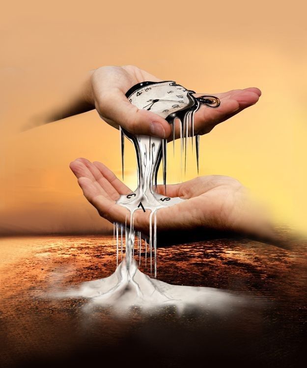 two hands are holding dripping water from their palms over an orange and yellow background with the sky in the background