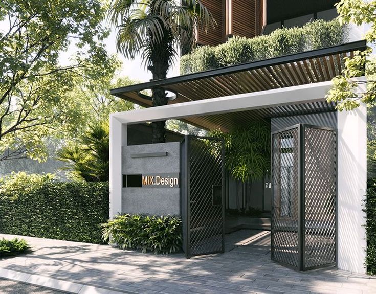 an entrance to a building with plants growing on it