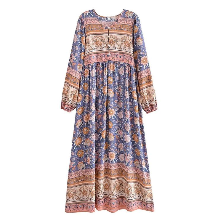 wickedafstore blue / S Long Sleeve Boho Dress Bohemian Maxi Dress With Elastic Sleeves For Spring, Patterned Long Sleeve Printed Maxi Dress, Bohemian Summer Maxi Dress With Elastic Sleeves, Patterned Floral Print Long Maxi Dress, Patterned Long Sleeve Midi Dress For Beach, Patterned Boho Dress With Long Sleeves, Long Sleeve Maxi Dress For Vacation, Casual Long Sleeve Maxi Dress With Floral Print, Long Sleeve Patterned Maxi Dress