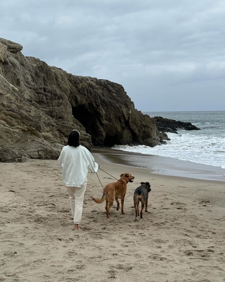 a woman walking two dogs on the beach next to the ocean and rocks in the background