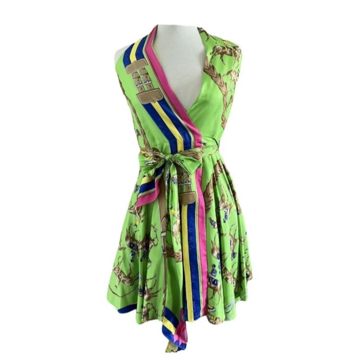 Multiple Colors Designer Multicolor Silk Dress, Green Wrap Dress For Spring Garden Party, Green Silk A-line Midi Dress, Spring Cocktail A-line Wrap Dress, Designer Multicolor Spring Dress, Chic Summer Silk Wrap Dress, Designer Silk Green Dresses, Designer Green Spring Dress, Silk Wrap Dress For Cocktail In Spring