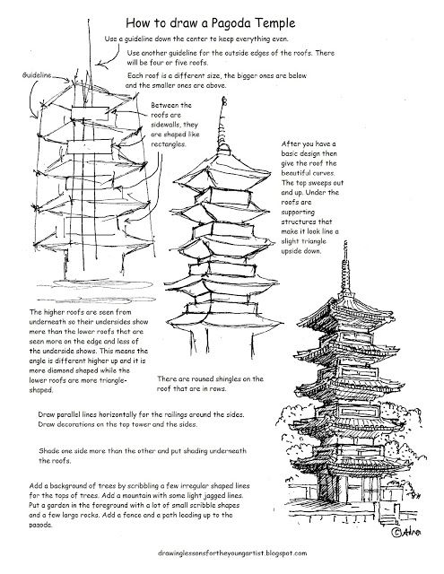 the instructions for how to draw a pagoda