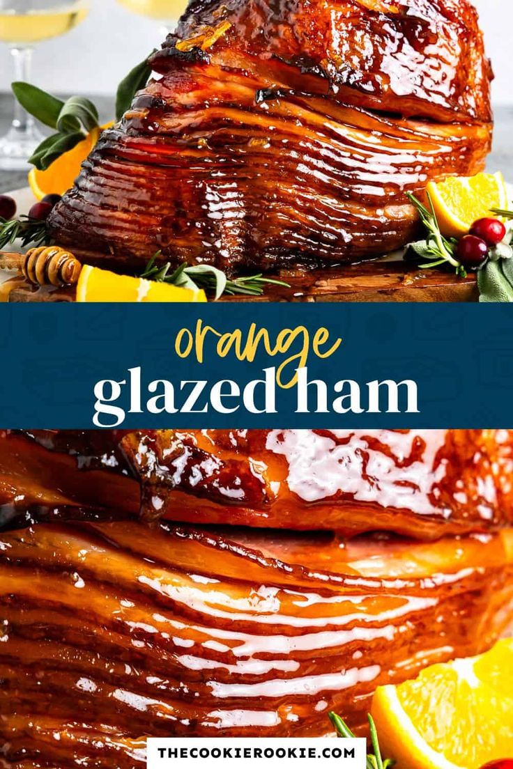 orange glazed ham on a platter with lemons and cranberries