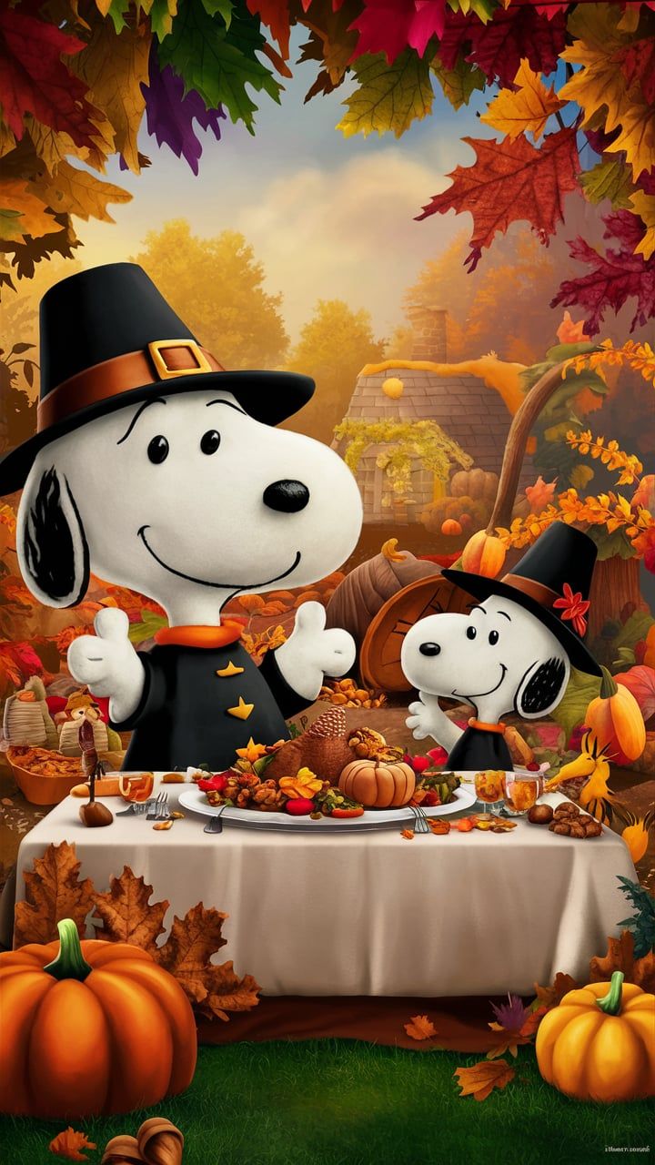 snoop and his dog are eating at the table for thanksgiving dinner, with pumpkins on the ground