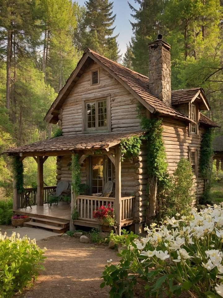 an old log cabin in the woods surrounded by flowers and greenery with a porch