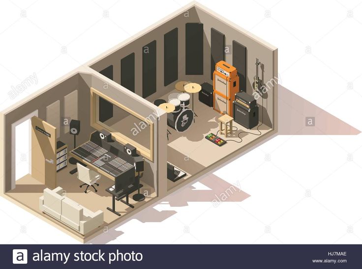 the interior of a studio apartment with furniture and sound equipment in flat 3d illustration on white background