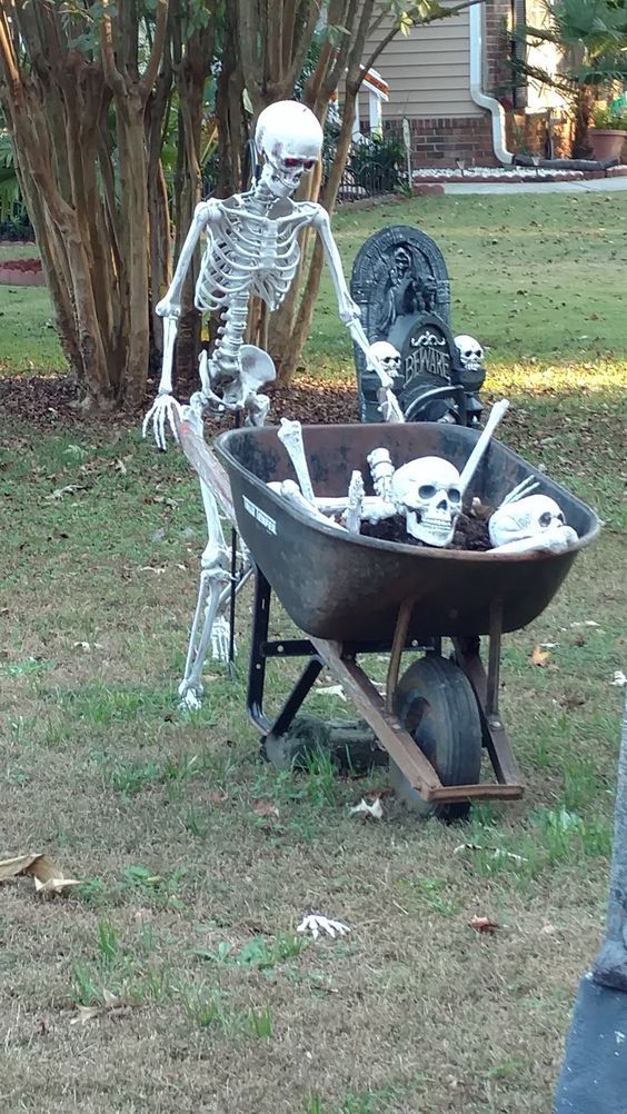 a skeleton sitting in a wheelbarrow with skeletons