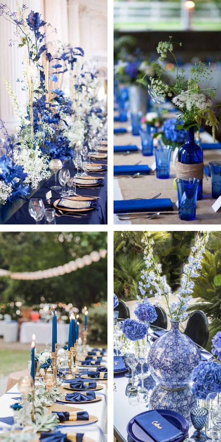 blue and white table settings at a wedding reception