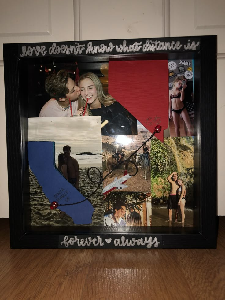 a collage of photos with the words california always written on it in black frame