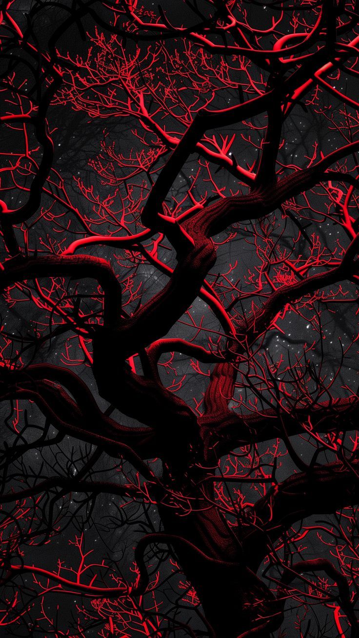 a tree with red branches in the dark night sky, looking up at it's branches