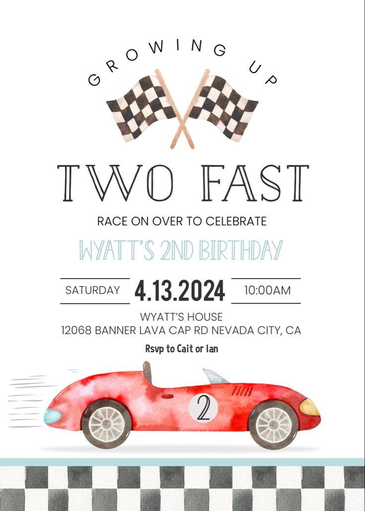 a red race car birthday party card with the words two fast written in black and white