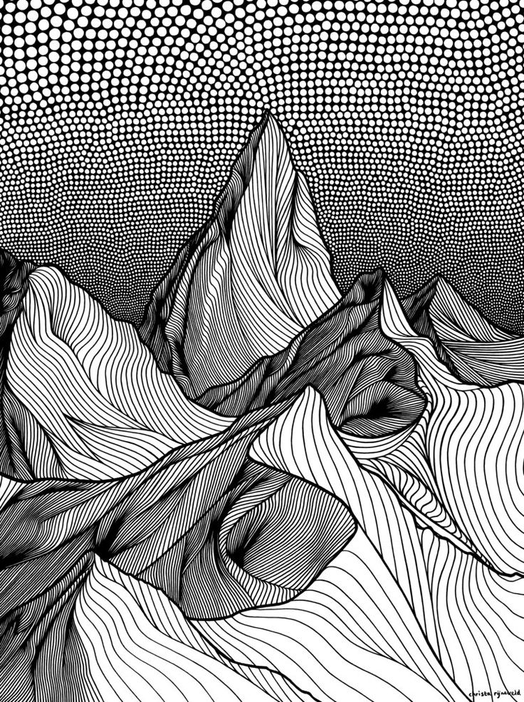 a black and white drawing of mountains with wavy lines in the sky, on top of each other