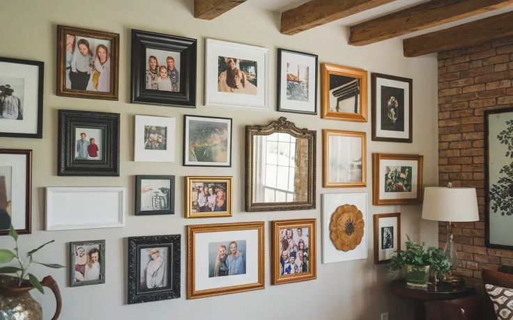 a wall full of pictures and framed photos