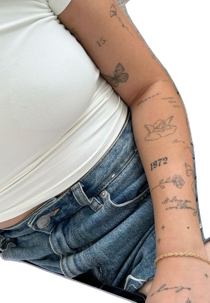 a woman's arm with tattoos on it