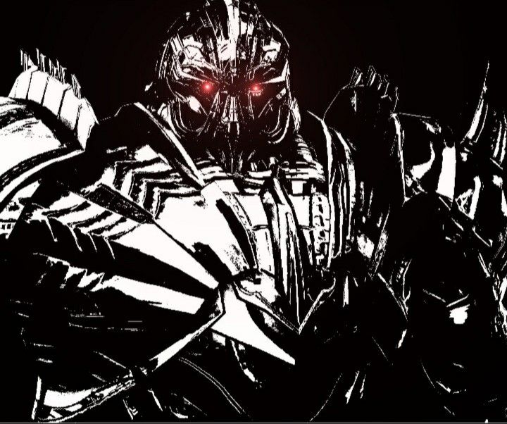 a black and white image of a robot with red eyes in the dark night time