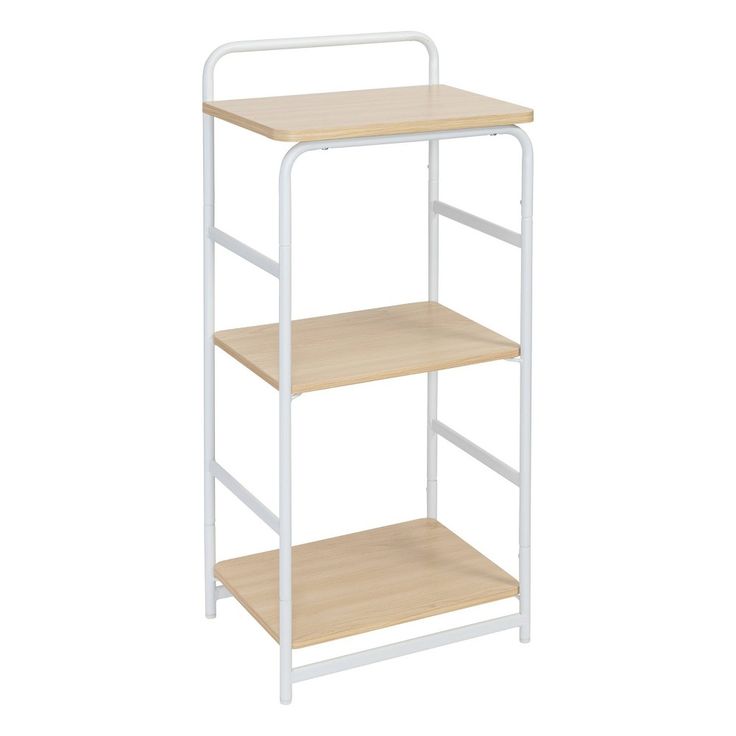 a white metal and wood shelf with two shelves