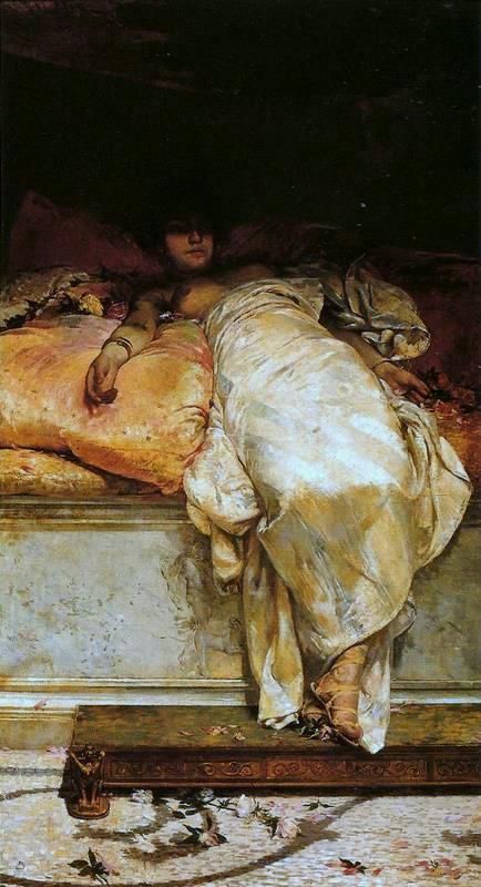 a painting of a woman laying on top of a bed