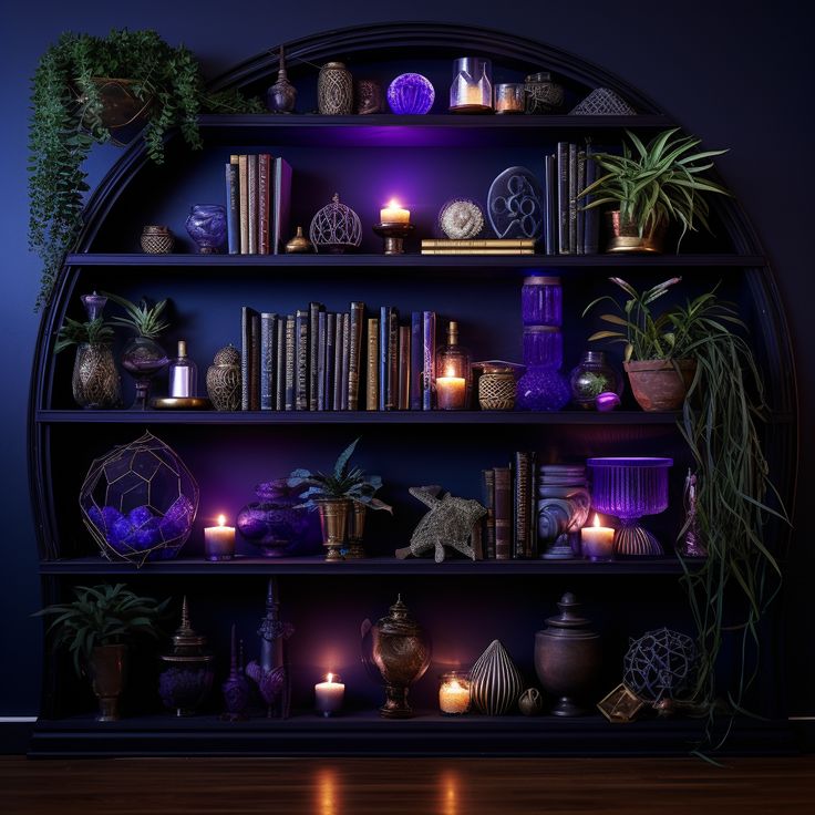 a bookshelf filled with lots of different types of plants and candles on top of it