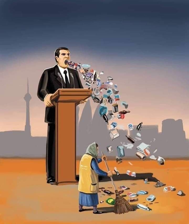 a man standing at a podium in front of a pile of trash